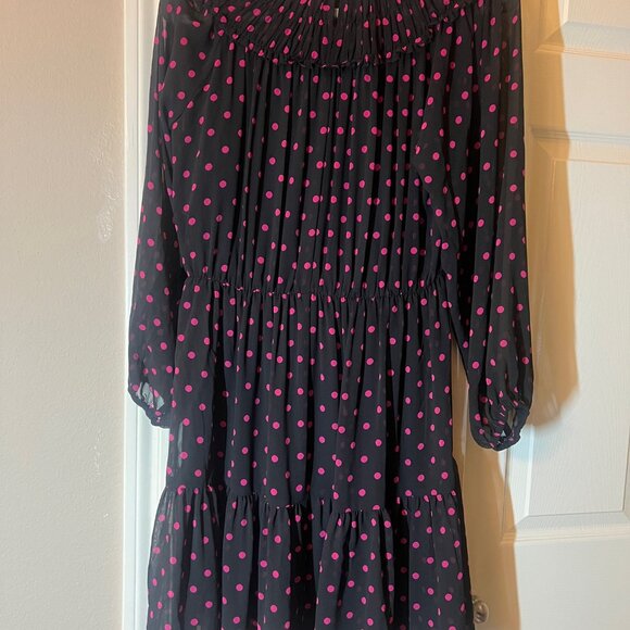 Women's Ann Taylor Black with Pink Polka Dot Long Sleeve Midi Dress - Size 6 - Picture 2 of 3